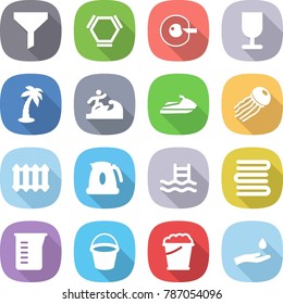 flat vector icon set - funnel vector, hex molecule, cell corection, fragile, palm, surfer, jet ski, jellyfish, radiator, kettle, pool, towels, measuring cup, bucket, foam, hand and drop