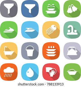 flat vector icon set - funnel vector, fountain, flippers, jet ski, yacht, jellyfish, water tap, bath, bucket, plate washing, kettle, rain cloud, drop, wiping, foam basin