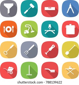 flat vector icon set - funnel vector, doctors hammer, level, drawing compasses, cafe, vacuum cleaner, pen, pan, whisk, big fork, blender, shovel, wheelbarrow, rake, brush, iron board