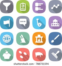 flat vector icon set - funnel vector, report, diagram, graph, flag, message, gyroscooter, cottage, globe, stands for knives, fireplace, big spoon, cupcake, seeds, pig, scraper