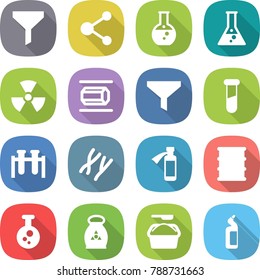 flat vector icon set - funnel vector, molecule, round flask, nuclear, nano tube, test vial, chromosomes, potion bottle, barrel, chemical, fertilizer, washing powder, toilet cleanser