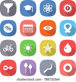 flat vector icon set - funnel vector, graduate hat, atom, sun power, percent, calendar, eye, medical harness, bike, starfish, drop, electron, trees, sickle