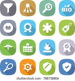 flat vector icon set - funnel vector, share, dollar magnifier, bio, crypto currency, medal, ambulance star, medical label, sign, university, flammable, tennis, handwheel, shield
