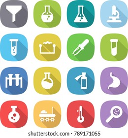 flat vector icon set - funnel vector, round flask, microscope, vial, electrostatic, pipette, test, potion bottle, stomach, chemical, lunar rover, thermometer, viruses