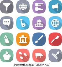 flat vector icon set - funnel vector, globe, diagram, flag, message, gyroscooter, cottage, stands for knives, fireplace, big spoon, chef knife, cupcake, seeds, pig, scraper