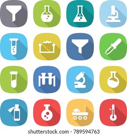 flat vector icon set - funnel vector, round flask, microscope, vial, electrostatic, pipette, test, potion bottle, chemical, lunar rover, thermometer