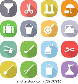 flat vector icon set - funnel vector, scissors, cargo top sign, insurance, suitcase, bucket, pan, kettle, garlic clasp, ladle, hand mill, shovel, fork, plunger