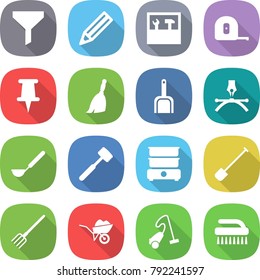 flat vector icon set - funnel vector, pencil, tools, measuring tape, pin, broom, scoop, drawing pen, ladle, meat hammer, double boiler, shovel, fork, wheelbarrow, vacuum cleaner, brush