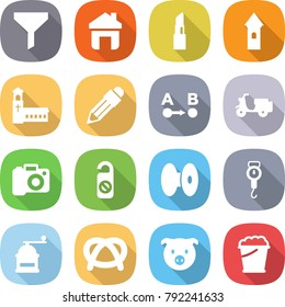 flat vector icon set - funnel vector, home, lipstick, tower, church, pencil, route a to b, scooter shipping, camera, do not distrub, coil, handle scales, hand mill, pretzel, pig, foam bucket