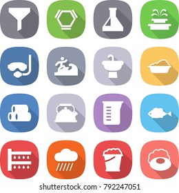 flat vector icon set - funnel vector, hex molecule, flask, fountain, diving mask, surfer, sink, washing, pipes, kettle, measuring cup, fish, watering, rain cloud, foam bucket, soap