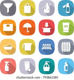 flat vector icon set - funnel vector, shopping bag, cleanser, potion bottle, package box, dry cargo, uv cream, washing, measuring cup, spices, barrel, sprayer, trash bin, liquid soap, toilet