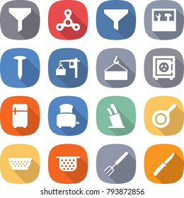 flat vector icon set - funnel vector, spinner, tools, nail, loading, crane, safe, fridge, toaster, stands for knives, pan, colander, big fork, knife