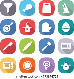 flat vector icon set - funnel vector, chicken leg, cutting board, stands for knives, pan, apron, cook glove, egg timer, chef knife, rolling pin, meat hammer, microwave oven, grill, gas, elecric