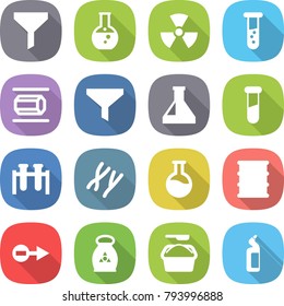 flat vector icon set - funnel vector, round flask, nuclear, vial, nano tube, test, chromosomes, barrel, electron, fertilizer, washing powder, toilet cleanser