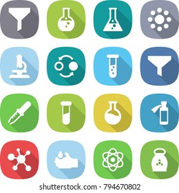 flat vector icon set - funnel vector, round flask, around, microscope, quantum bond, vial, pipette, test, potion bottle, virus, acid, atom, fertilizer