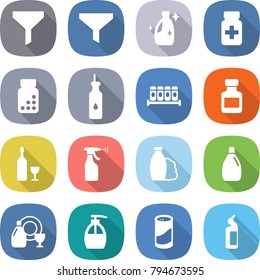 flat vector icon set - funnel vector, cleanser, pills bottle, vegetable oil, spices, wine, sprayer, shampoo, dish, liquid soap, powder, toilet