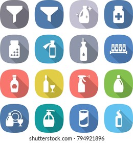 flat vector icon set - funnel vector, cleanser, pills bottle, potion, vegetable oil, spices, ketchup, wine, sprayer, dish, liquid soap, powder, toilet