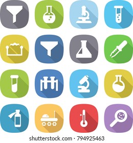 flat vector icon set - funnel vector, round flask, microscope, vial, electrostatic, pipette, test, potion bottle, lunar rover, thermometer, viruses