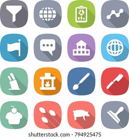 flat vector icon set - funnel vector, globe, report, graph, flag, message, cottage, stands for knives, fireplace, big spoon, chef knife, cupcake, seeds, pig, scraper