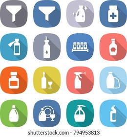 flat vector icon set - funnel vector, cleanser, pills bottle, potion, vegetable oil, spices, ketchup, wine, sprayer, shampoo, dish, liquid soap, toilet