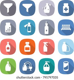flat vector icon set - funnel vector, cleanser, pills bottle, potion, vegetable oil, spices, ketchup, sprayer, shampoo, dish, liquid soap, powder