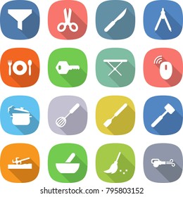 flat vector icon set - funnel vector, scissors, scalpel, drawing compasses, cafe, key, iron board, wireless mouse, steam pan, whisk, spatula, meat hammer, soil cutter, mortar, broom, blower