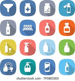 flat vector icon set - funnel vector, pills bottle, potion, vegetable oil, spices, ketchup, wine, sprayer, shampoo, cleanser, dish, liquid soap, powder, toilet