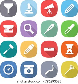 flat vector icon set - funnel vector, microscope, telescope, pencil, market scales, magnifier, medical thermometer, pipette, doctors hammer, level, sand clock, barometer, kitchen, sickle, rake