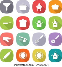 Flat Vector Icon Set - Funnel Vector, Pan, Bbq, Apron, Cook Glove, Garlic Clasp, Whisk, Skimmer, Rolling Pin, Gas Oven, Induction