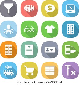 flat vector icon set - funnel vector, team, money message, notebook, virus, smart glasses, t shirt, pills blister, recipe, check in, hotel, transfer, cart, chest of drawers, no signal