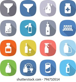 flat vector icon set - funnel vector, cleanser, pills bottle, potion, vegetable oil, spices, wine, sprayer, shampoo, dish, powder, toilet