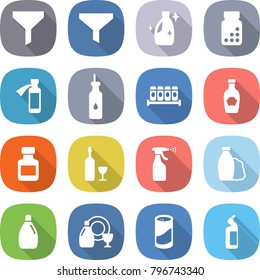 flat vector icon set - funnel vector, cleanser, pills bottle, potion, vegetable oil, spices, ketchup, wine, sprayer, shampoo, dish, powder, toilet