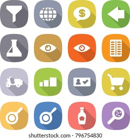 flat vector icon set - funnel vector, globe, money message, left arrow, flask, eye, pills blister, scooter shipping, sorting, check in, cart, pan, ketchup, viruses