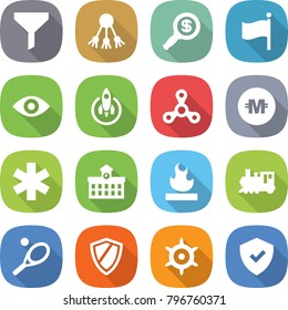 flat vector icon set - funnel vector, share, dollar magnifier, flag, eye, rocket, spinner, crypto currency, ambulance star, university, flammable, train, tennis, shield, handwheel