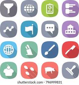 flat vector icon set - funnel vector, globe, report, diagram, graph, flag, message, cottage, stands for knives, big spoon, chef knife, cupcake, seeds, pig, scraper