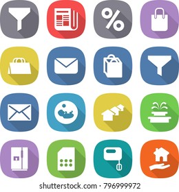 flat vector icon set - funnel vector, newspaper, percent, shopping bag, mail, pregnancy, houses, fountain, fridge, sim card, mixer, housing