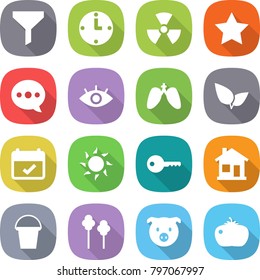 flat vector icon set - funnel vector, clock, nuclear, star, balloon, eye, lungs, leafs, terms, sun, key, home, bucket, trees, pig, tomato
