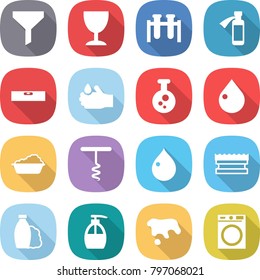 flat vector icon set - funnel vector, wineglass, test vial, potion bottle, level, acid, chemical, drop, washing, corkscrew, sponge, shampoo, liquid soap, spot, machine