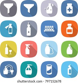 flat vector icon set - funnel vector, cleanser, pills bottle, potion, vegetable oil, spices, wine, sprayer, shampoo, dish, liquid soap, powder, toilet