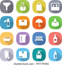 flat vector icon set - funnel vector, round flask, shopping bag, tools, potion bottle, package box, dry cargo, washing, measuring cup, spices, ketchup, trash bin, liquid soap, toilet cleanser