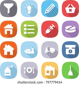 flat vector icon set - funnel vector, bulb, pencil, delete cart, home, list, syringe, pill, sea shipping, scooter, kitchen scales, hand mill, fork spoon plate, house, broom
