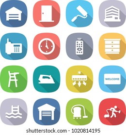 flat vector icon set - garage vector, door, repair, office, phone, watch, remote control, chest of drawers, Chair for babies, iron, air conditioning, welcome mat, pool, vacuum cleaner