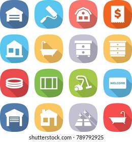 Flat Vector Icon Set - Garage Vector, Repair, House, Tax, Home, Bath, Nightstand, Chest Of Drawers, Inflatable Pool, Window, Vacuum Cleaner, Welcome Mat, Clean Floor