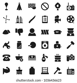 Flat vector icon set - garbage pile vector, towel, knife, meat hammer, toaster, jar, abacus, constellation, bank building, clipboard, pills vial, punching bag, muscule hand, prohibition sign, phone