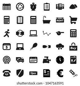 Flat vector icon set - garbage pile vector, calculator, notebook pc, alarm clock, constellation, annual report, target, dollar calendar, euro sign, clipboard, run, protected, internet, sperm, server