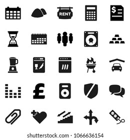 Flat vector icon set - garbage pile vector, bbq, calculator, annual report, man, sand clock, calendar, pound, gold ingot, stairways run, route, protected, equalizer, dialog, speaker, heart cross