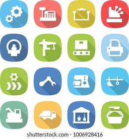 flat vector icon set - gear vector, cashbox, electrostatic, tomography, tower crane, transporter tape, printer, conveyor, robot hand, coffee maker, plow, harvester, trash truck, utility room