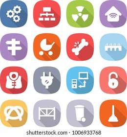 flat vector icon set - gear vector, hierarchy, nuclear, wireless home, singlepost, baby stroller, broken bone, bridge, life vest, plug, data transfer, unlock, pretzel, farm fence, trash bin, plunger