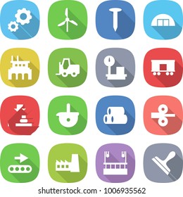 flat vector icon set - gear vector, windmill, nail, hangare, factory, fork loader, warehouse scales, railroad shipping, press, ladle, pipes, metal rolling, conveyor, skysrcapers cleaning, scraper