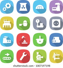 flat vector icon set - gear vector, nuclear power, hangare, factory, port, warehouse scales, socket, press, ladle, pipes, conveyor, wrench, water pump, skyscrapers cleaning